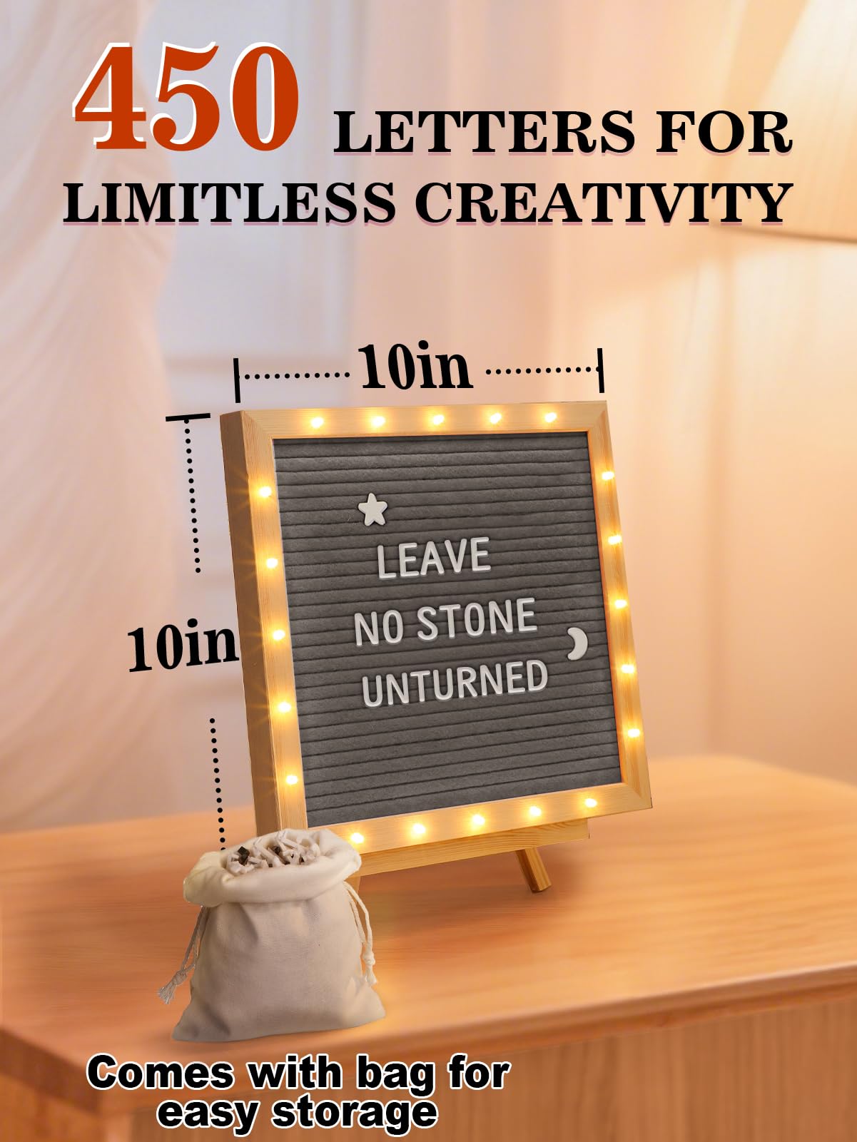 Changeable Felt Letter Board with LED Lights - 10×10" Message Custom Signs & Wood Stand & 450 Letters, Poster Board for Christmas/Pregnancy/Baby Announcement/Classroom Wall Decor Gifts, Grey