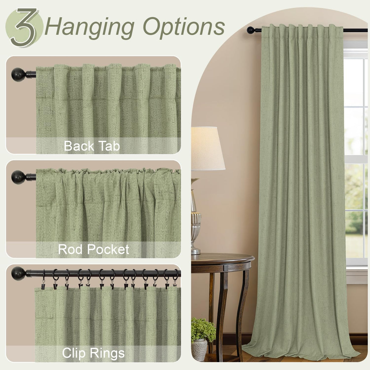 Sage Green Boho Blackout Curtains for Bedroom Window 84 Inch Length 2 Panels Set Linen Textured Thermal Insulated Dark Out Room Darkening Light Sage Curtain Drapes for Living Room 52x84 Long Christmas
