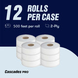 Cascades PRO Select Jumbo Bath Tissue – 2-Ply Toilet Paper – Fits Universal Jumbo Roll Dispensers – Soft, Durable, and Septic Safe – 500' Length/Roll, 12 Rolls/Box – B080 – White