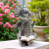 JARPSIRY Cute Dragon Reading Book Statue, 5.9-Inch Tall Dinosaur Holding Butterfly Figurines Art Resin Sculpture Outdoor Garden Decor Home Desk Ornaments