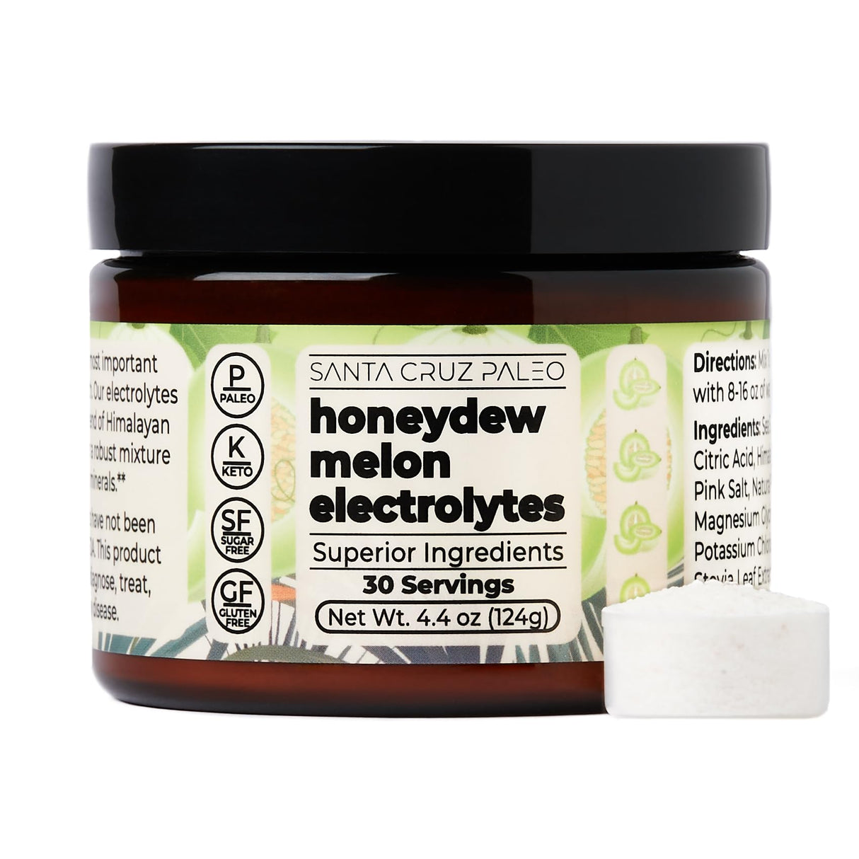 Santa Cruz Paleo Electrolyte Powder, Honeydew Melon Flavor, Sugar Free Hydration Drink Mix with Himalayan Pink Salt, Sea Salt, Magnesium Glycinate, Potassium Chloride, Sweetened with Stevia, 30 Srvgs