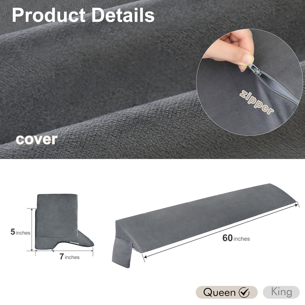 Vekkia Queen Bed Wedge Pillow for Headboard Gap Filler(0-3.5"),High-Density Foam,Prevents Pillows & Items Loss,Ergonomic Design,Large Storage Pockets,Removable&Washable Cover,Gray,60"x7"x5"