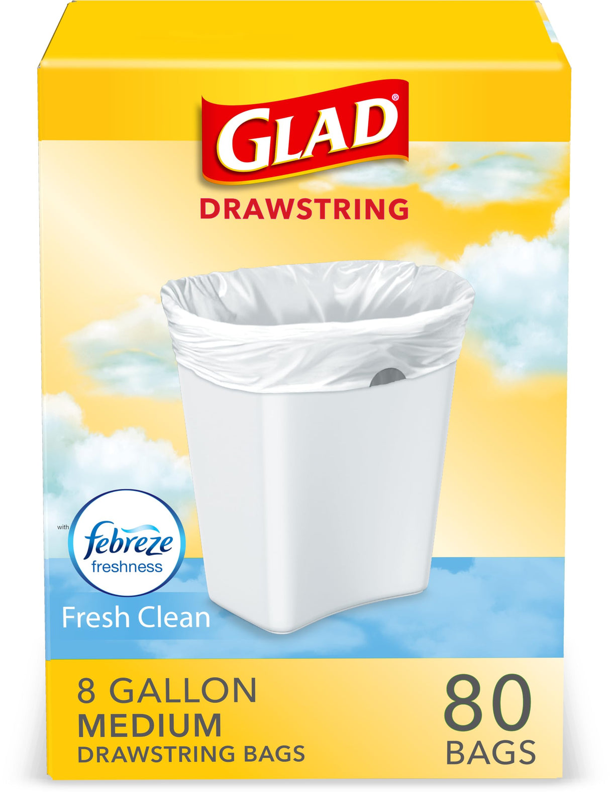 Glad Medium Kitchen Drawstring Trash Bags, 8 Gal, Fresh Clean Scent, 80 Ct (Package May Vary)