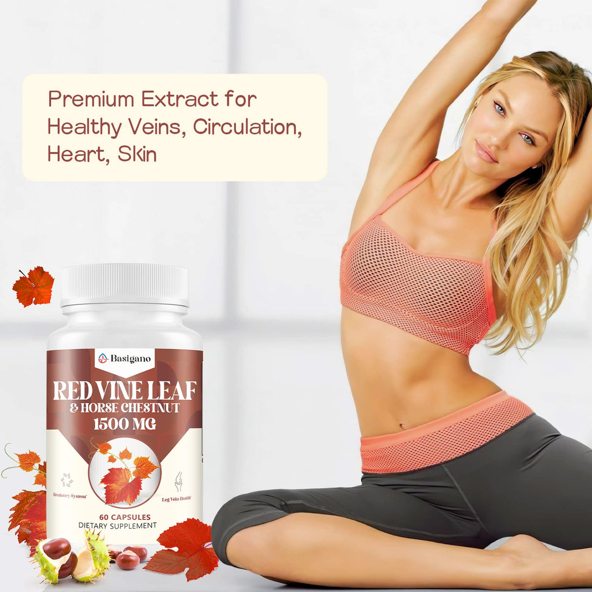 Basigano Red Vine Leaf & Horse Chestnut Extract Capsule Supplements (Vitis Vinifera) 1500mg -Premium Extract for Healthy Veins, Circulation, Heart, Skin