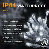 KNONEW 403ft 1000 LED String Lights Outdoor Christmas Lights 8 Modes & Timer Fairy Light Plug in Waterproof LED String Lights for Xmas Yard Tree Wedding Party Holiday Decorations (Cool White)