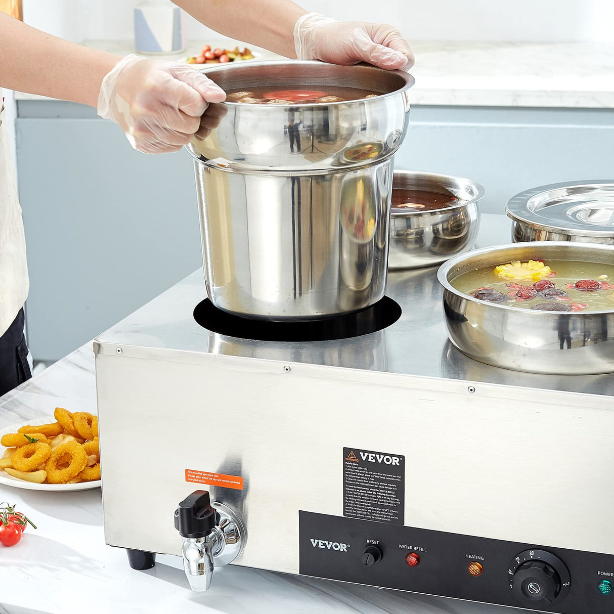 VEVOR Electric Soup Warmer, Four 7.4QT Stainless Steel Round Pot 86~185°F Adjustable Temp, 1500W Commercial Bain Marie with Anti-Dry Burn and Reset Button, Soup Station for Restaurant, Buffet, Silver