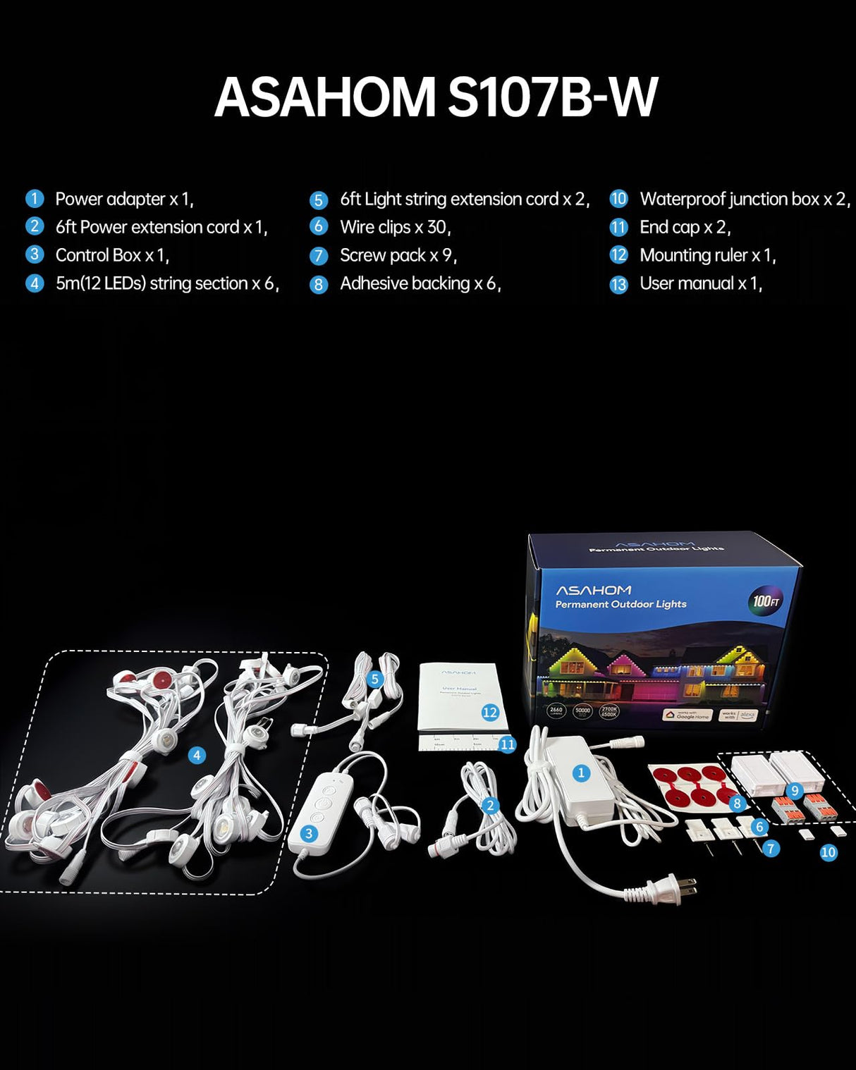 ASAHOM AI Permanent Outdoor Lights S107B, 100FT with 72 RGBCW LED Lights and Dual Output, 30,000 Lighting Effect Combination, IP67 Waterproof for House Halloween Christmas and Daily Decoration, White