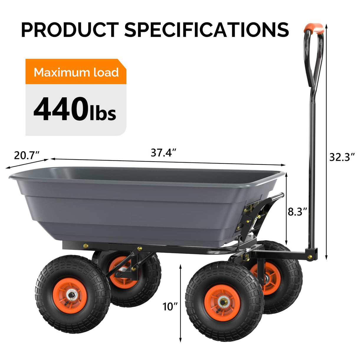 VINGLI Dump Cart Wagon, 440LBS Quick-Release Dump Wheelbarrow, All-Terrain 10" Tires Garden Wagon for Yard, Lawn and Outdoor Use