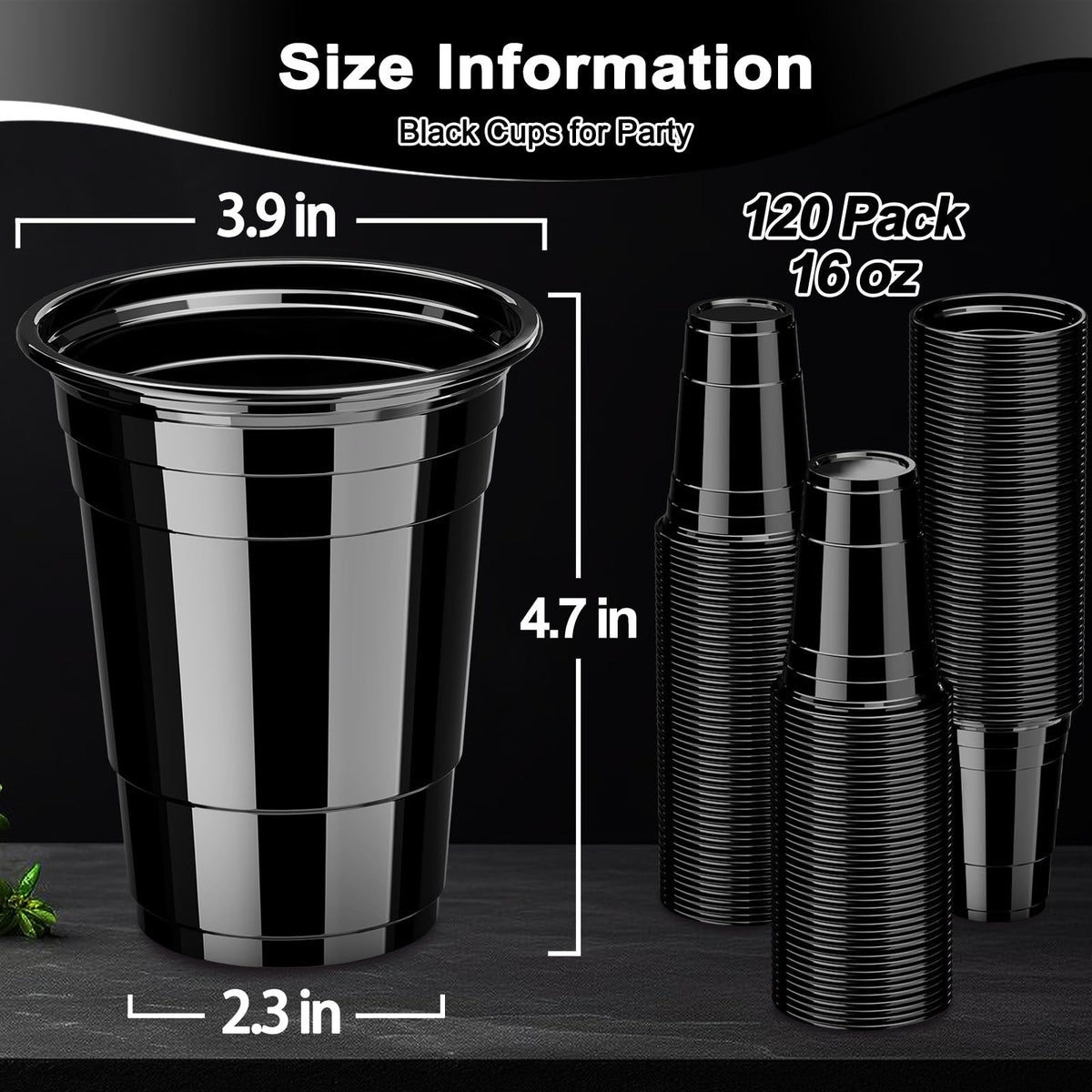 120 Pack 16 oz Black Cups, Heavy Duty Black Plastic Cups for Party, Cold Drinks, BBQ, Black Disposable Cups for Christmas, Halloween, Wedding, Birthday, Picnic, Serving and Celebrations