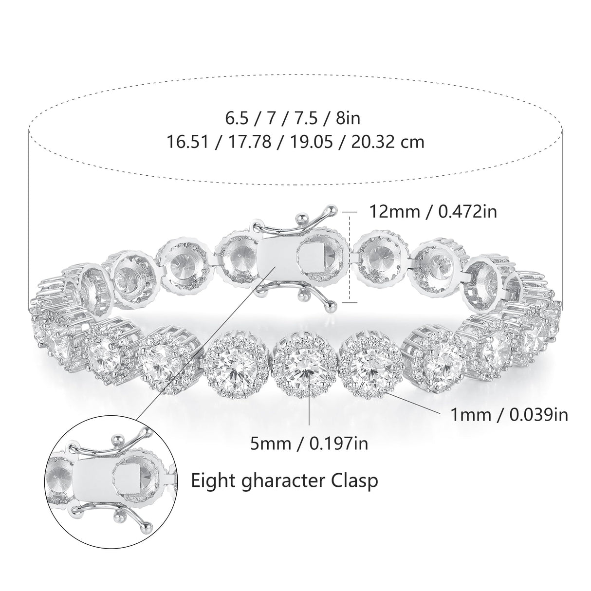 Gemsme Tennis Bracelet for Women 1 Row 18K White Gold Plated 5mm Round Cubic Zirconia Bracelets