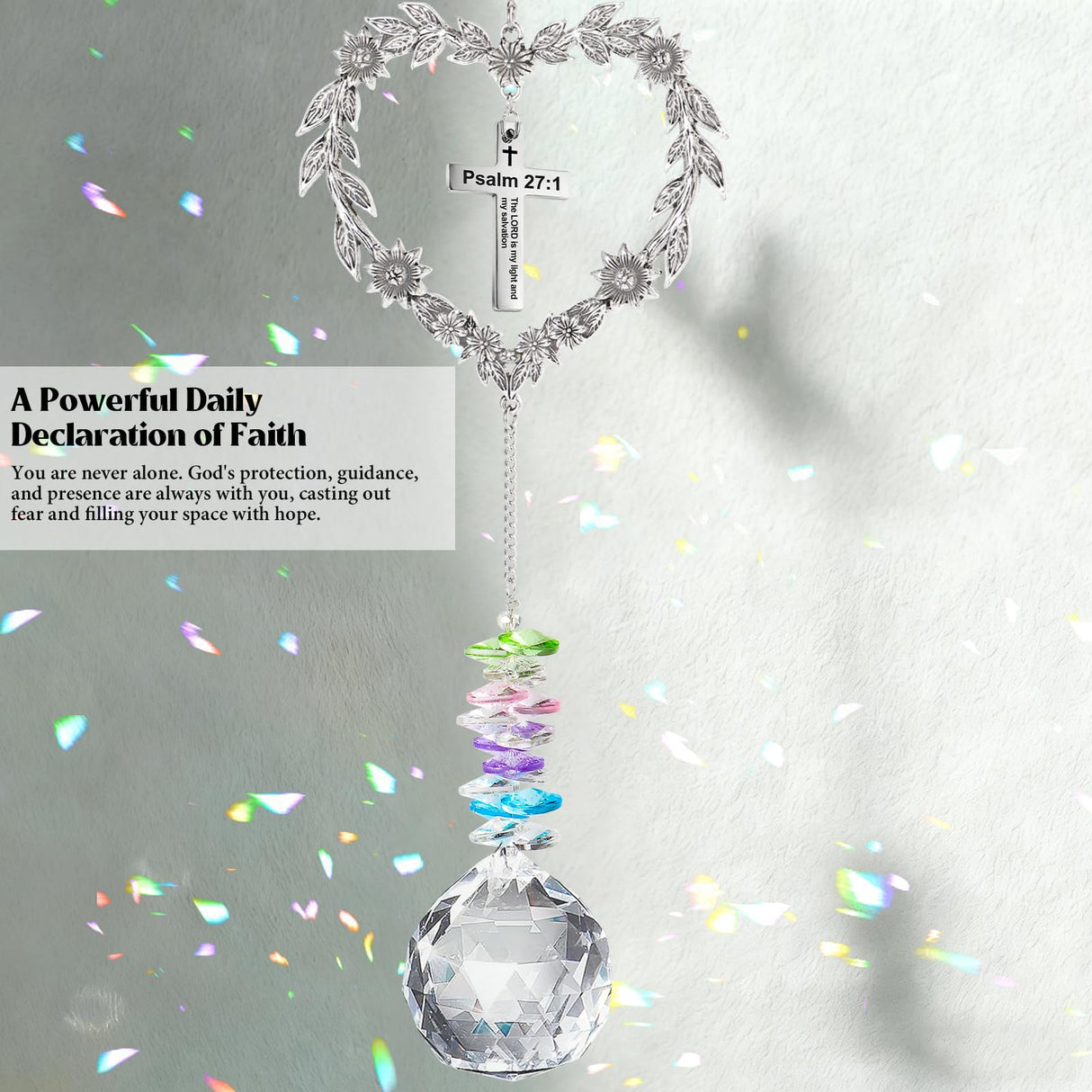 Elivida Christian Gifts for Women, Heart-Shaped Suncatcher with Cross - Religious Birthday Ornament with Scripture The Lord is My Light and My Salvation - Inspirational Catholic Spiritual Gifts