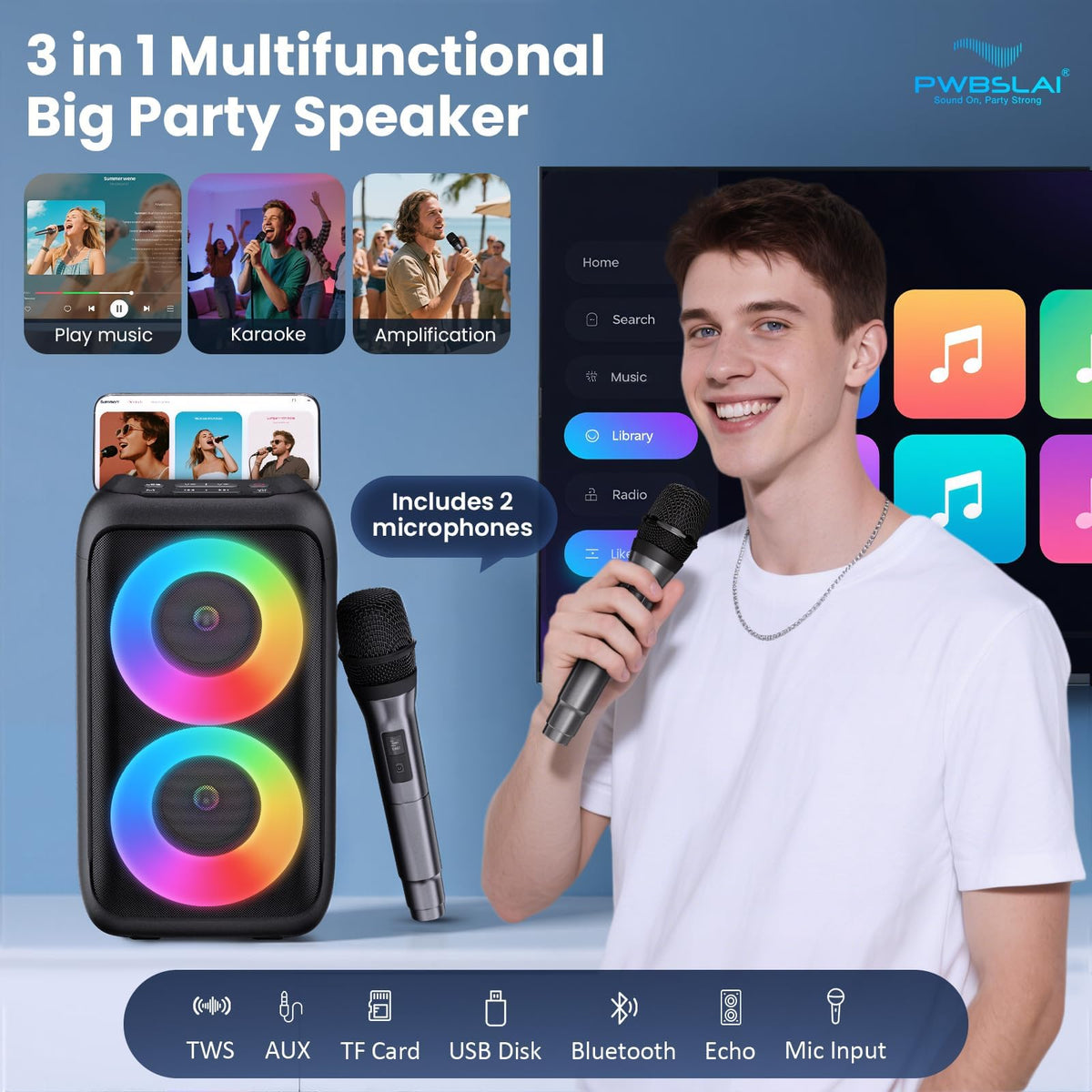 Bluetooth Speaker with 2 Wireless Microphones - Big Party Speaker for Adults Kids Karaoke with Lights - Portable Rechargeable Support TWS/AUX/USB/TF Card for Home Party Gift Floorstanding Speaker