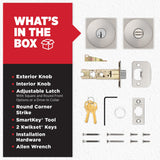 Kwikset Pismo Entry Door Knob with Lock and Key, Secure Keyed Handle Exterior, Front Entrance and Bedroom, Satin Nickel, 10 Pack, Pick Resistant SmartKey Rekey Security and Microban