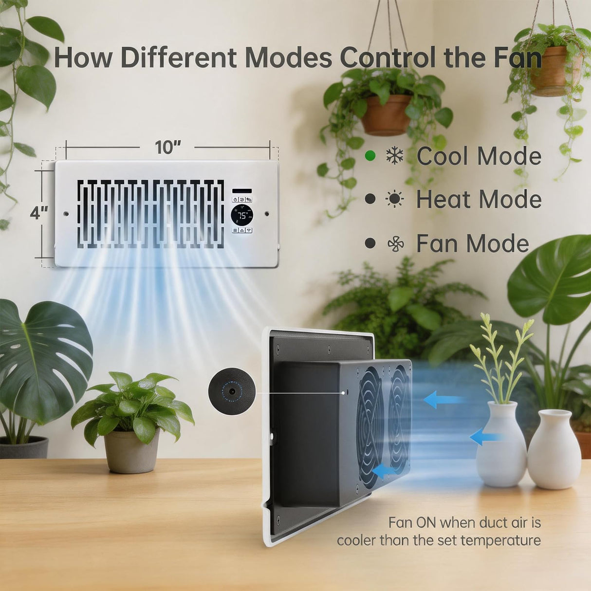 MOTCTQVD Smart Register Booster Fan for 4" x 10" Vents, Thermostat Control Improves Heating/Cooling, 10-Speed Quiet Vent Fan Booster with Remote Control for Floor or Wall Ducts