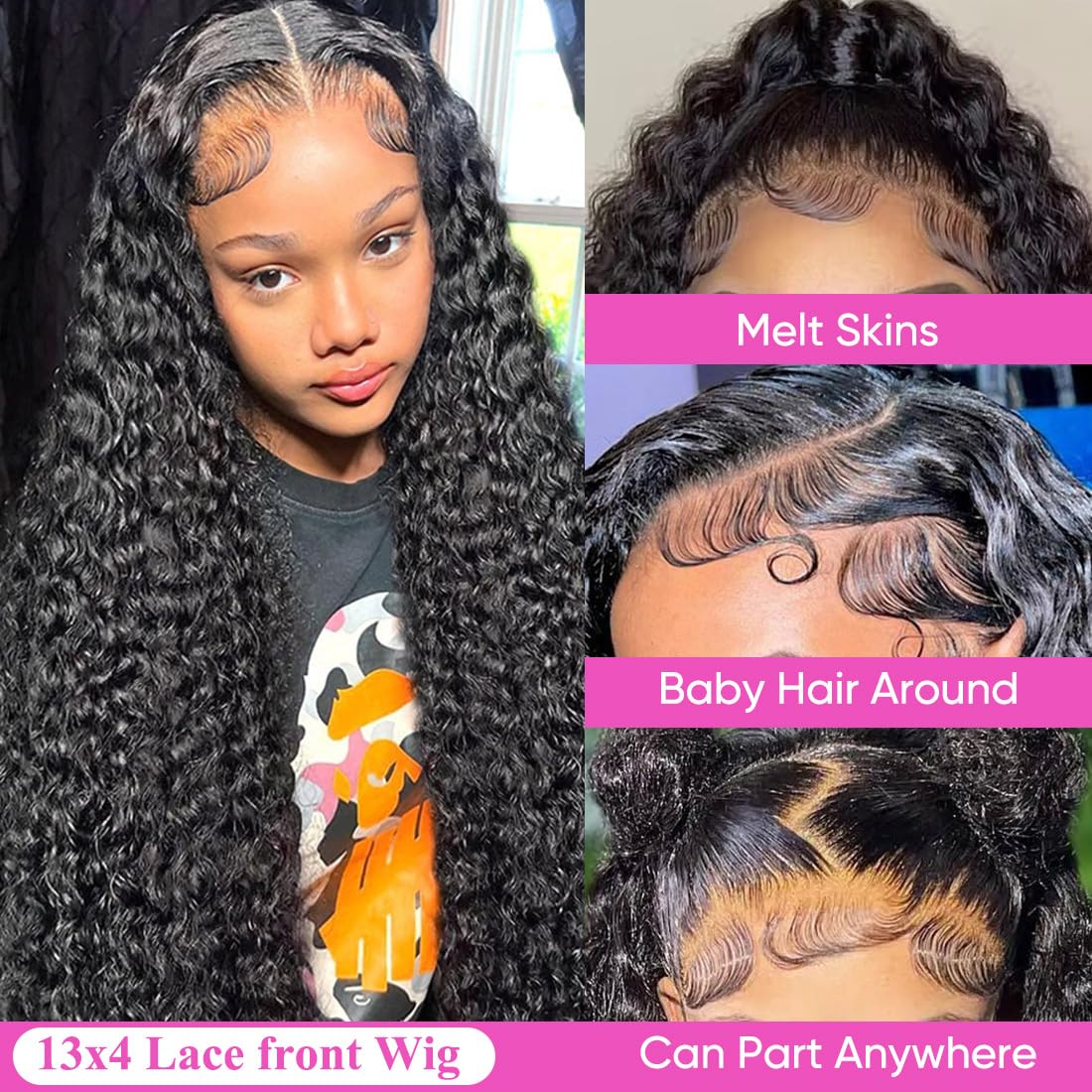 Deep Wave Lace Front Wigs Human Hair 13x4 HD Lace Front Wigs For Women Deep Wave Wig Frontal Wigs for Black Women 180 Density Curly Wave Human Hair Wig Natural Color 26 Inch