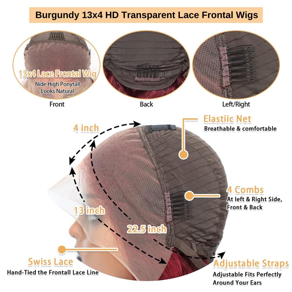 AOSUN 99j Burgundy Lace Front Wigs Human Hair Glueless Wine Red Colored Body Wave Wigs Pre Plucked with Baby Hair 180 Density 13x4 HD Transparent Frontal Wig for Women