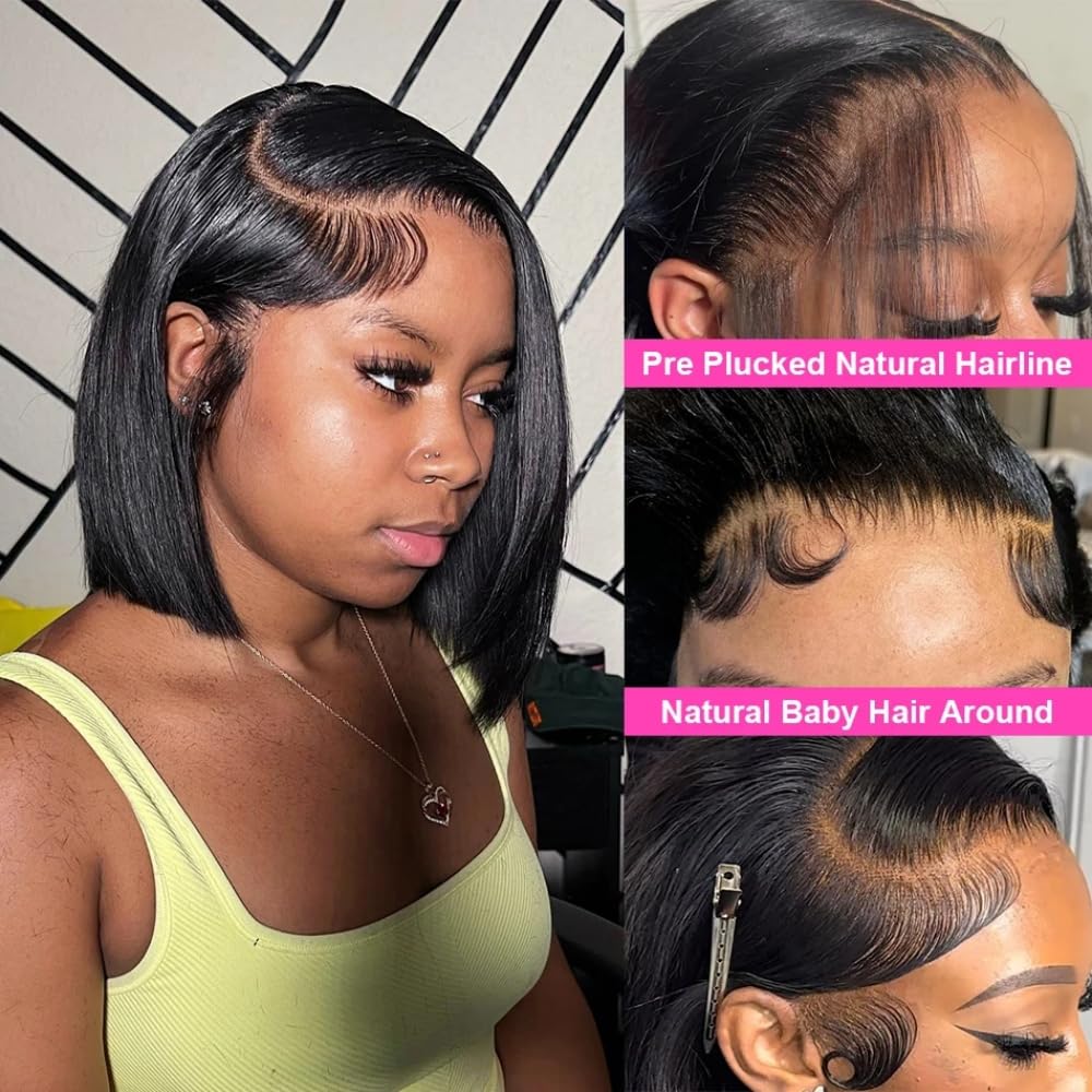 13x4 Lace Front Bob Wigs Human Hair 200 Density HD Transparent Lace Bob Wig for Women 14 inch Short Straight Bob Lace Frontal Wigs Glueless Pre Plucked With Baby Hair Straight Bob Wig Natural Color
