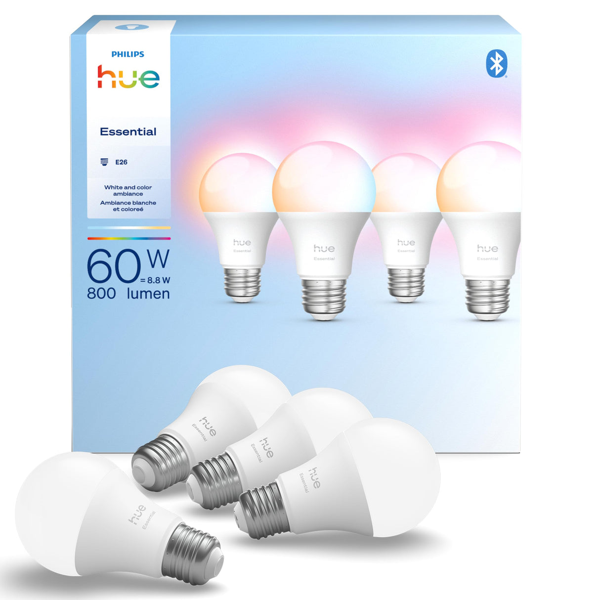 Philips Hue Essential Smart LED A19 Bulb 4-Pack, White and Color Ambiance, E26, 7.2W, 2200K-6500K, 800 Lumens, Dimmable LED Bulbs, Works with Alexa, Google Assistant, Apple Home