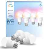 Philips Hue Essential Smart LED A19 Bulb 4-Pack, White and Color Ambiance, E26, 7.2W, 2200K-6500K, 800 Lumens, Dimmable LED Bulbs, Works with Alexa, Google Assistant, Apple Home