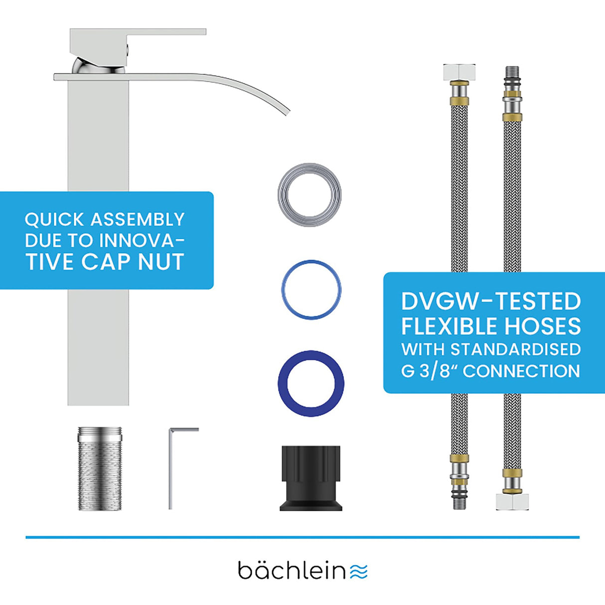 Bächlein Tamina Bathroom Tap Waterfall Design Extra High Single-Lever Mixer Tap with Mounting Kit for Bathroom Sink Chrome