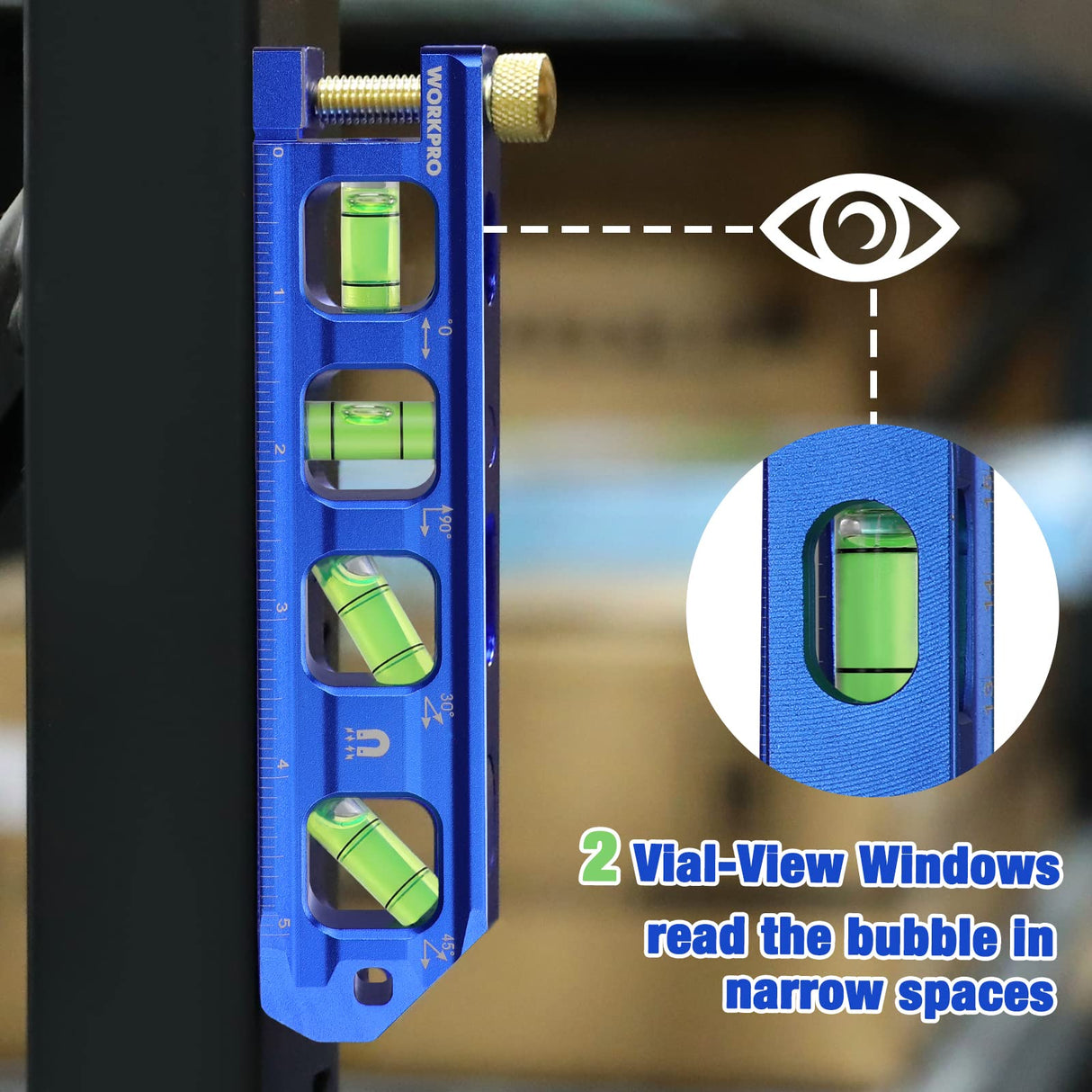 WORKPRO Magnetic Torpedo Level, Conduit Bending Level, Bubble Vials for 0°/90°/30°/45° Measurements, Aluminum Alloy Construction, 6.3-inch, Cobalt Blue