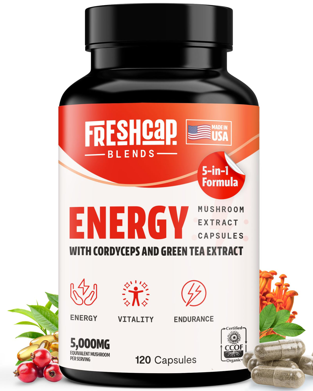 FreshCap 5-in-1 Energy Supplements, Energy Supplements for Women and Men, Energy Boosters for Fatigue, Energy Support, Cordyceps Extract, Ayurveda Cordyceps Mushroom Blend Capsules (120 Capsules)