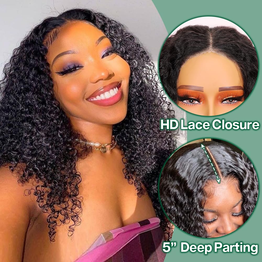 Curly Bob Wig Wear And Go Glueless Human Hair Pre Plucked Pre Cut 5x5 Hd Lace Closure Wigs Human Hair Wig Short Curly Wigs For Black Women Jerry Curl Wig 200Density 14 Inch