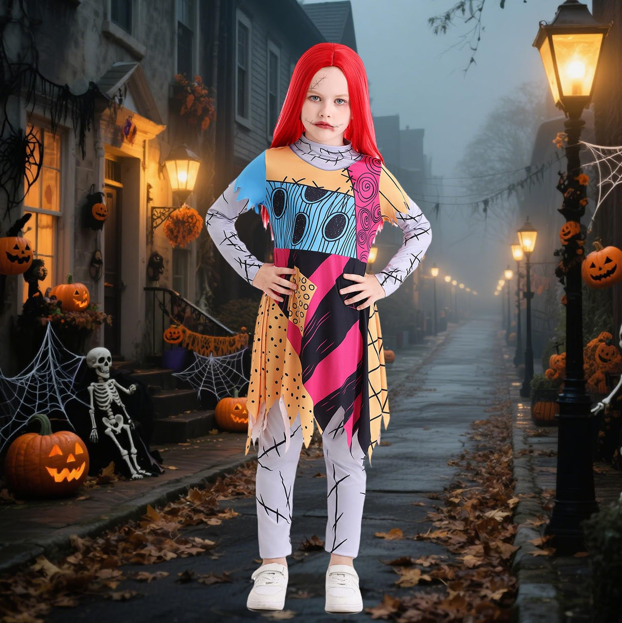 Kids Christmas Nightmare Costume Girls Halloween Costumes Long Sleeve Dress with Patch Pattern Movie Character Cosplay Outfit with Accessories Red Wig Stickers DY003M