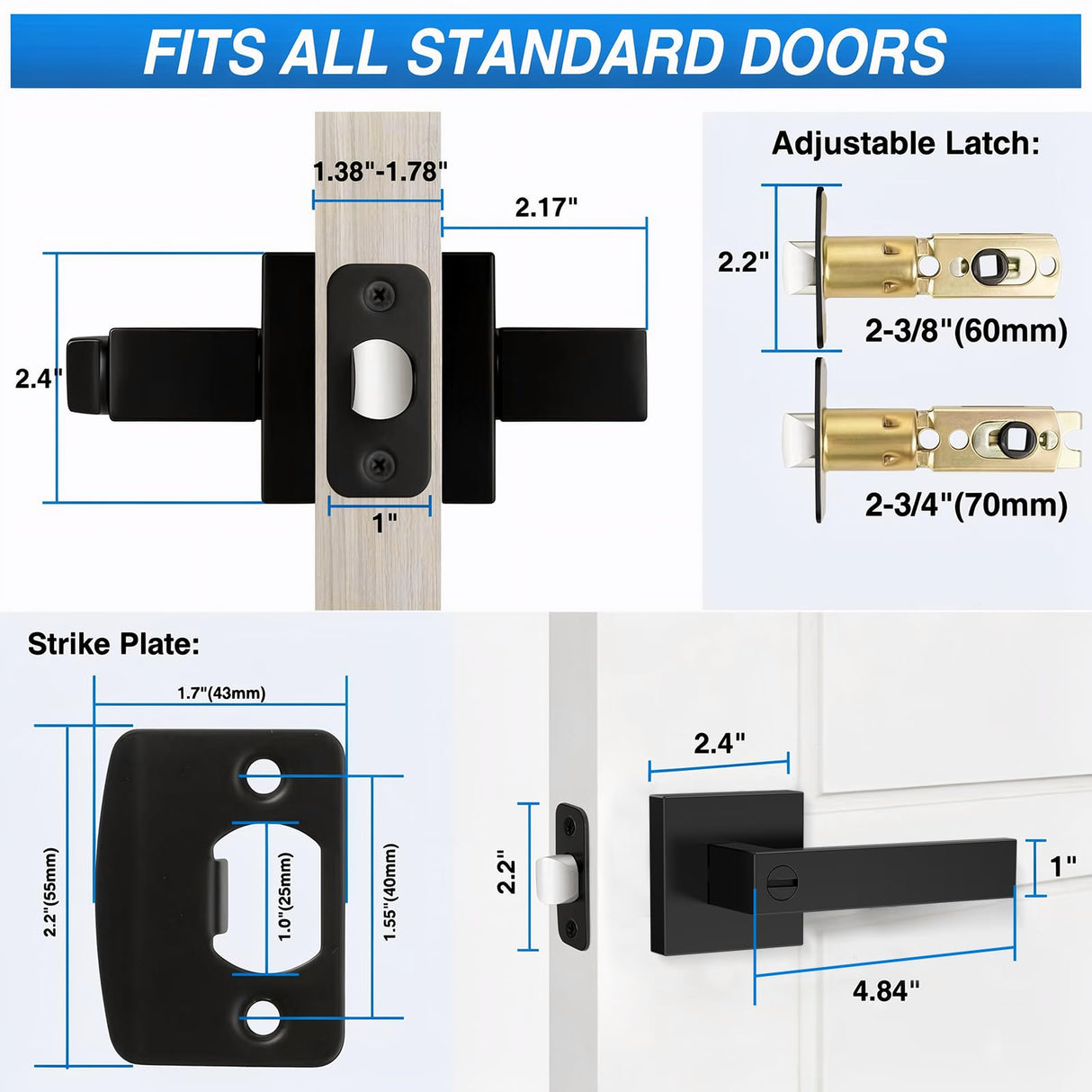 Plustool 3 Pack Matte Black Door Handles, Keyless Interior Door Knobs, Privacy Door Lever Locksets for Bedroom Bathroom, Heavy Duty Square Door Lock, Reversible for Left&Right Handled Doors