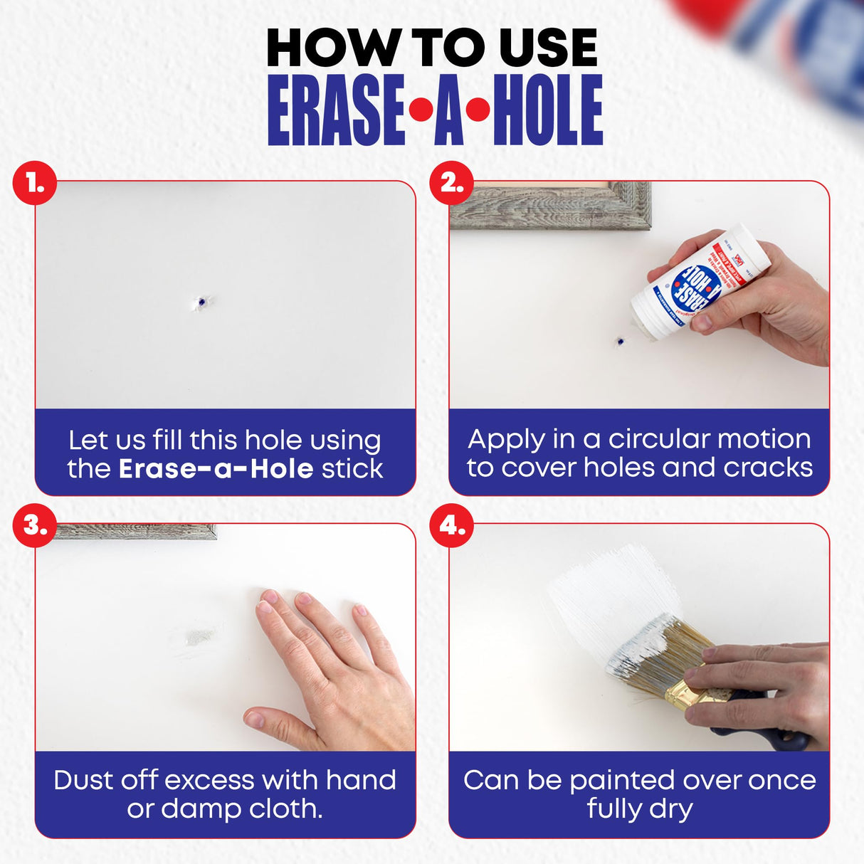 Erase-A-Hole Wall Repair Stick – Quick-Dry Nail & Screw Hole Filler for Drywall, Wood & Plaster – No Sand Spackle Alternative, Paintable Putty, 4.5 oz