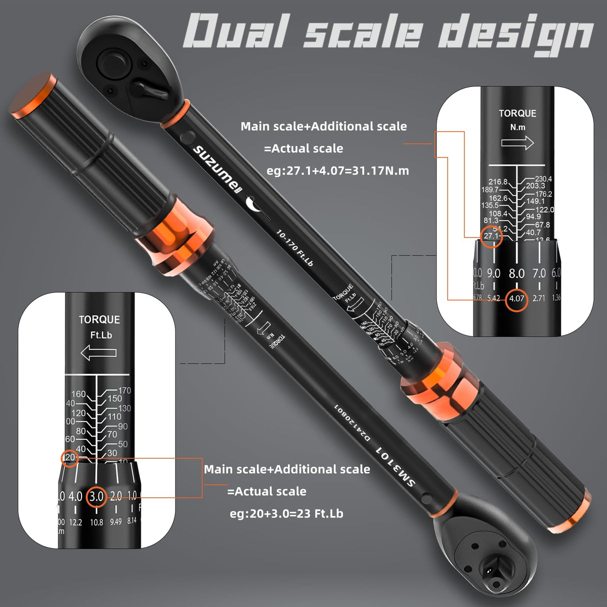 SUZUME 3PCS Torque Wrench Set 72 Teeth Dual-Direction Adjustable Torque Wrench Dual-Scales 1/4 & 3/8 & 1/2-Inch ±3% Accuracy Click Torque Wrenches for Bicycle, Motorcycle, Car,Maintenance
