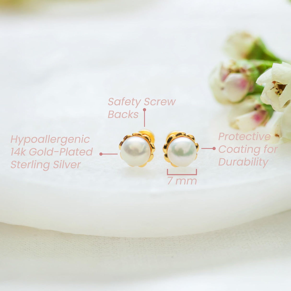 Cherished Moments Children's Pearl Scallop Earrings, 14K Gold-Plated