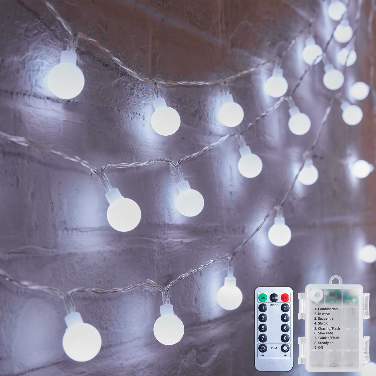 2 Pack Globe String Lights Battery Operated - 21 Feet 60 Led Fairy Lights, 8 Modes with Remote Mini Globe Lights for Indoor Outdoor Bedroom Party Wedding Garden Christmas Tree Decor, Pure White