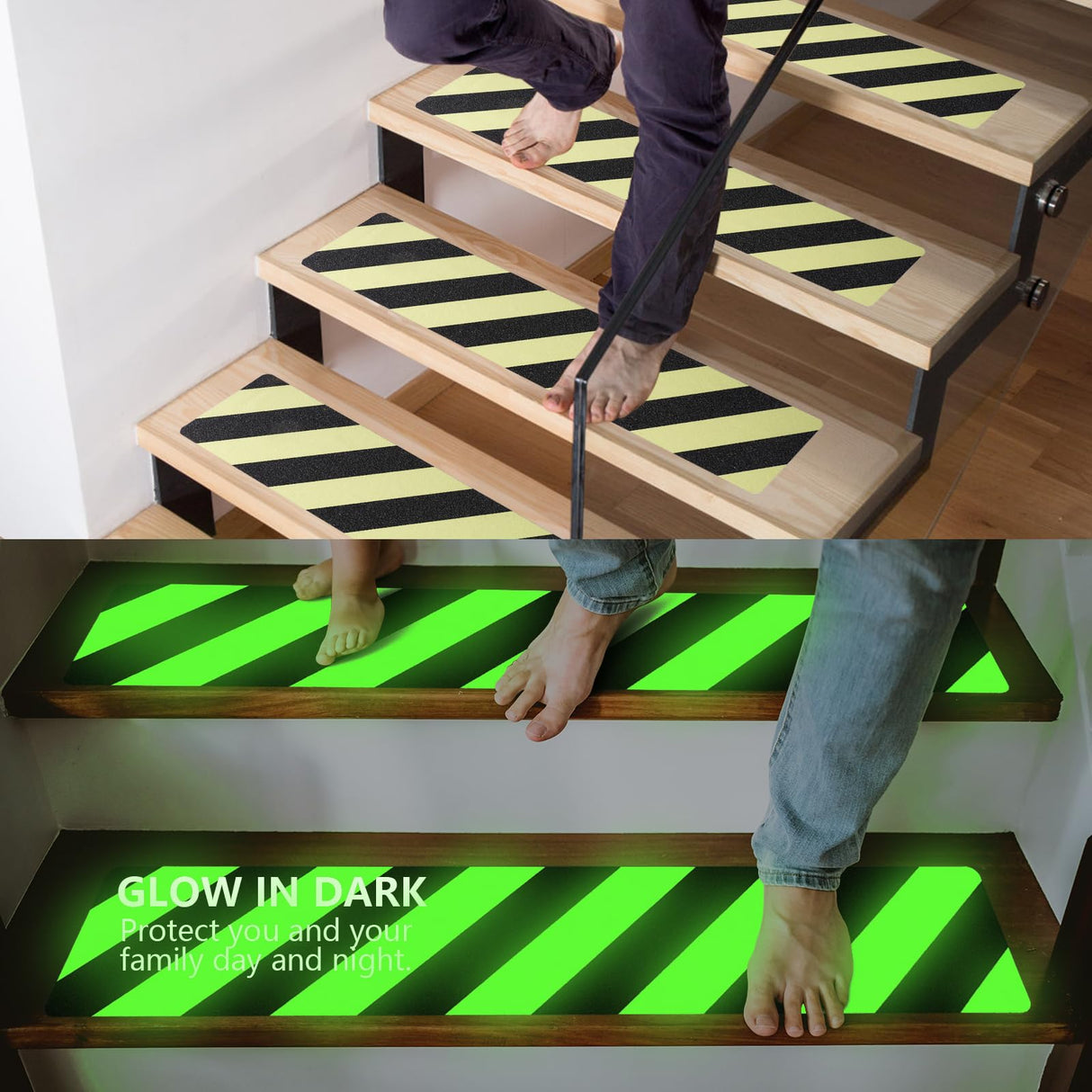 LifeGrip Anti Slip Traction Treads, Glow in the Dark Striped Treads (10-Pack), 6" X 32", Best Grip Tape Grit Non Slip, Outdoor/Indoor, High Friction Abrasive Adhesive for Stair Step, Luminous Green