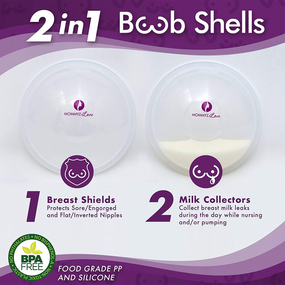 Mommyz Love Breast Shells & Milk Catcher for Breastfeeding No Plugs - Breast Milk Catcher to Relieve & Protect Cracked Sore & Engorged Nipples - Breast Shells Milk Collector for Leaking Milk (2 Pack)