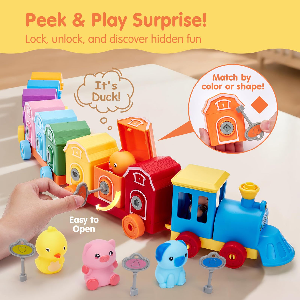 Toddler Learning Toys for 2 3 Year Old Boy Girl - Counting Matching & Sorting Activity Montessori Train Set with Farm Animals, Finger Puppets, Keys to Lock and Unlock Barns, Christmas Birthday Gift