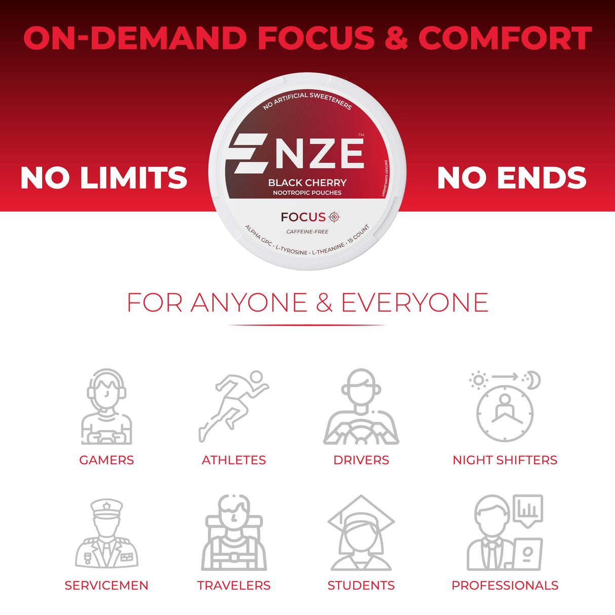 NZE Caffeine Free Nootropic Pouches (Black Cherry) - Nootropic Pouches with Alpha GPC, L-Tyrosine & L-Theanine - No Sugar or Artificial Sweeteners - 15 Pouches Per Can - 5 Pack