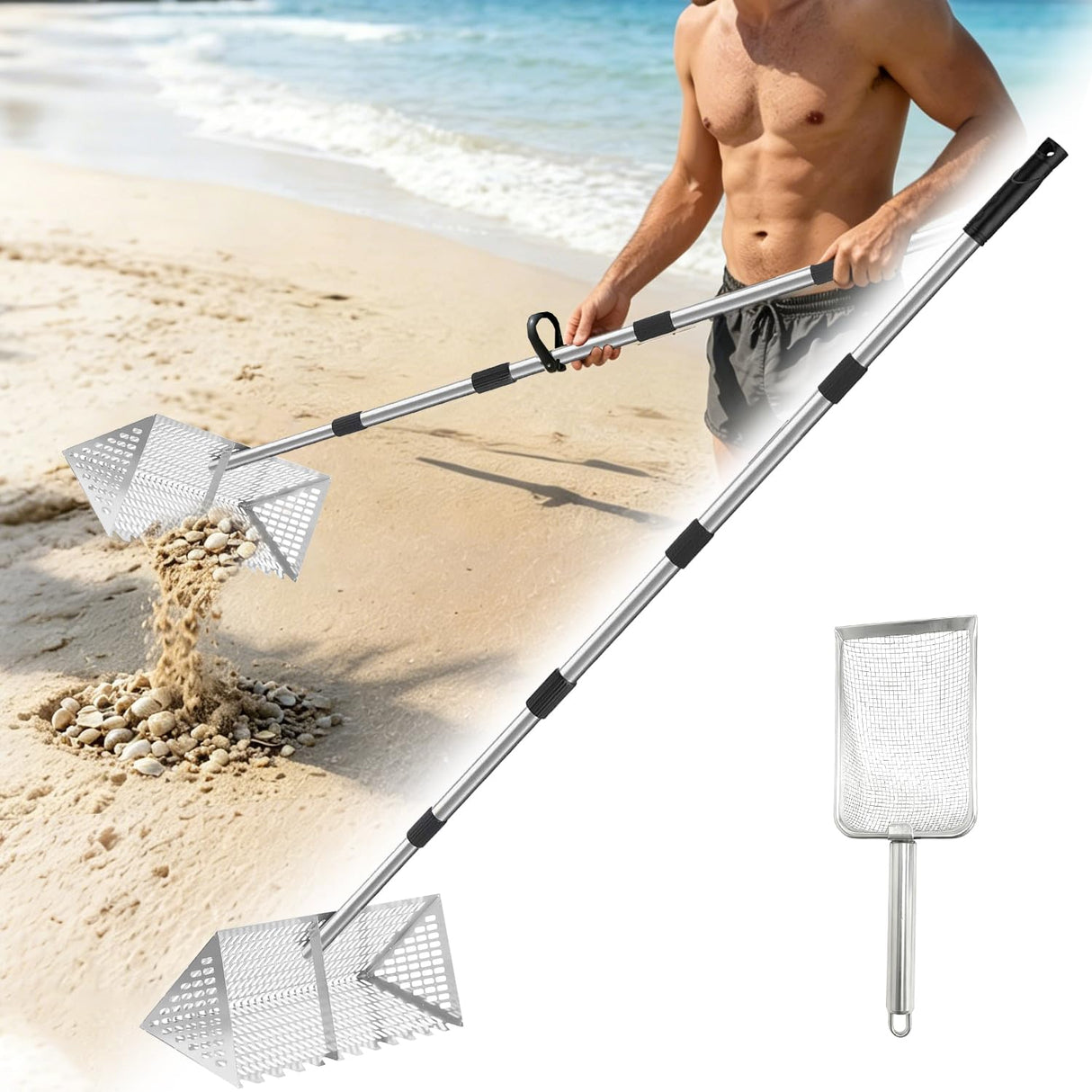Sand Flea Rake Stainless Steel Beach Sand Sifter with Sharp Digging Teeth, 56" Split Long Handle 16 Inch Large Basket Sand Crab Rake for Collect Sand Fleas, Shells, Shark Teeth & Fishing Live Bait