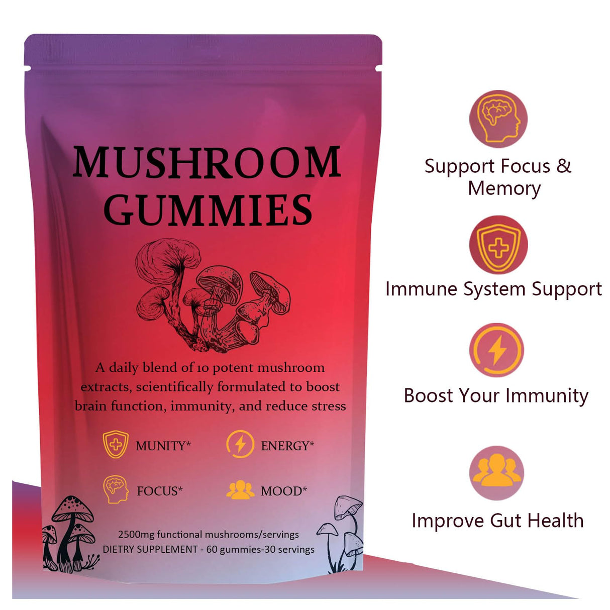 Sky Nutrition Mushroom Gummies - Immune Support & Energy Boost, 12 Mushroom Blend, Mushroom Supplement for Men & Women, Vegan - 60 Gummies