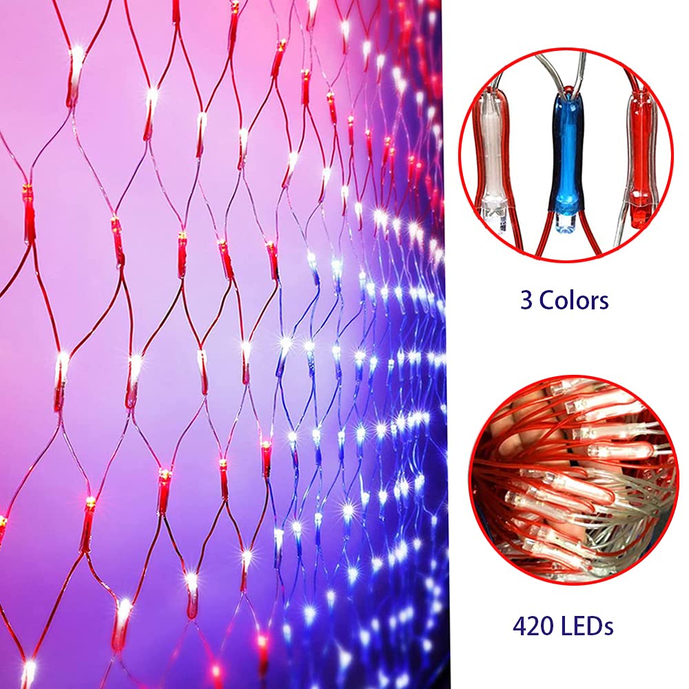 Solar American Flag Lights, 420 LED Waterproof American Flag Net Lights Independence Day Decorations 8 Modes Outdoor String Light for 4th of July Independence Day, Garden, Yard Home Decorations