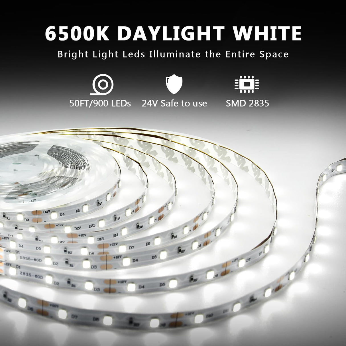 dalattin White LED Strip Lights 50ft Dimmable Bright 24V Led Light Strip 6500K Daylight White 900 LEDs Lights for Bedroom, Mirror, Kitchen, Strong Adhesive（2 Rolls of 25ft）