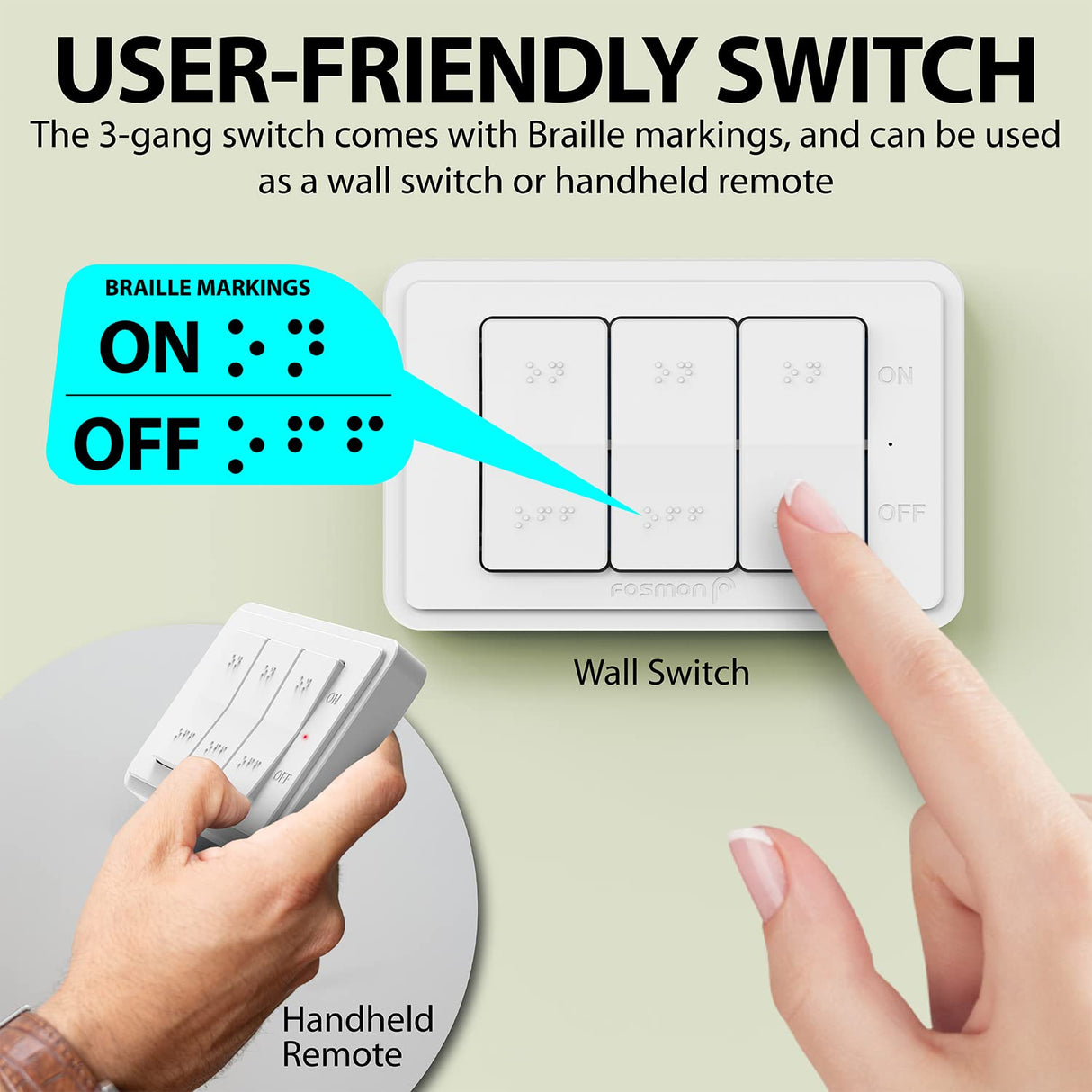Fosmon Wireless Remote Control Outlet Plug Indoor, Battery Operated Light Switch with Braille On/Off Mark, for Lights, Christmas Tree, No Interference, 15A/1875W, No Wiring & Expandable - 3 Pack
