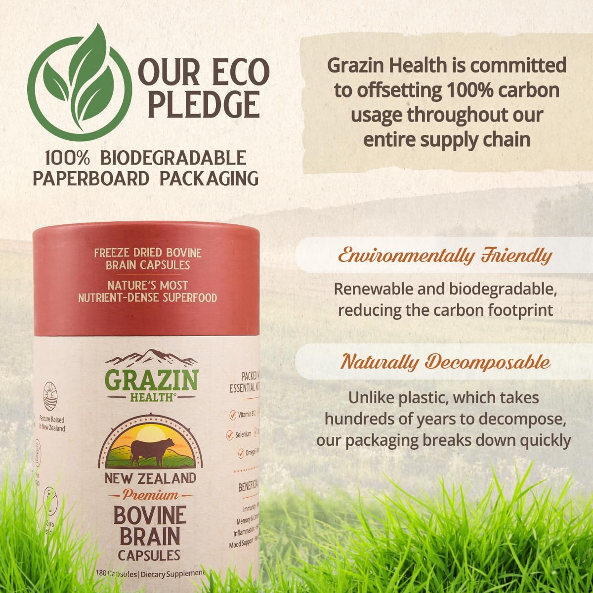 GRAZIN HEALTH - Beef Brain Capsules: 1500 Mg Brain/ 1500 Mg (30 Servings)