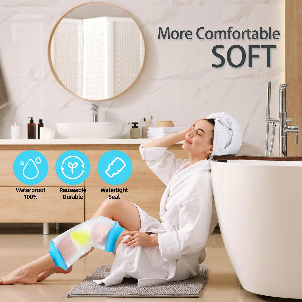 Divvsck Waterproof Knee Cast Cover for Shower, Watertight Cast Bag, Reusable, Shower Protector for Knee Replacement Surgery, Wound, Burns (L)