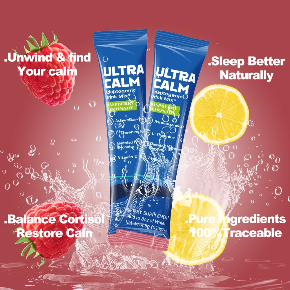 UltraCalm Super Cortisol Drink – Calm Magnesium Glycinate Powder – 30 Servings – L-theanine, Ashwagandha, Vitamin D – No Sugar – Raspberry Lemonade – Electrolytes Powder