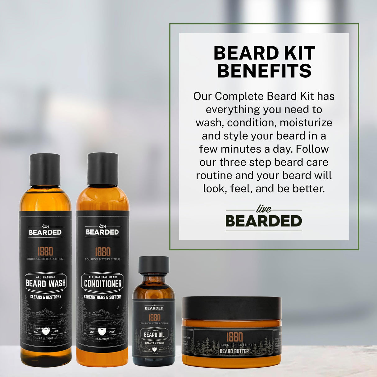 Live Bearded Complete Beard Grooming Kit - Wash, Conditioner, Butter and Oil - Made in the USA with All-Natural Ingredients - Mens Groom Set | 1880 Scent - Bourbon, Bitters, Citrus