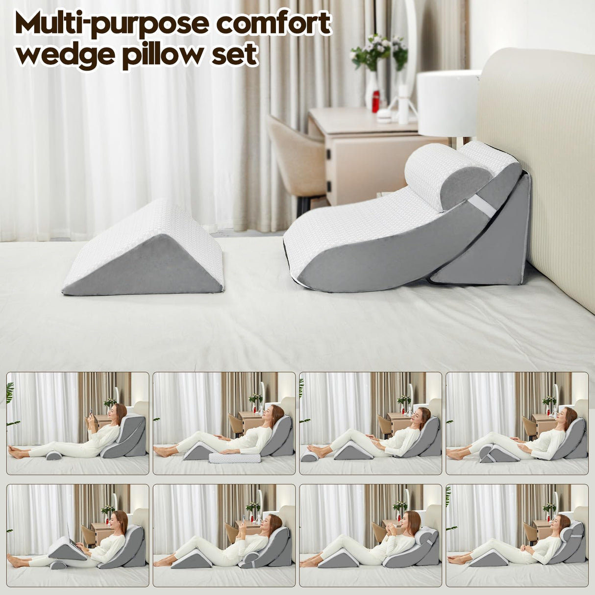 PIASHJOY 4pcs Wedge Pillow Set for After Surgery,Bed Wedge Pillows for Sleeping,Post Surgery Recovery， 45 Degree Wedge Pillow for Acid Reflux Relief and Anti-snoring，