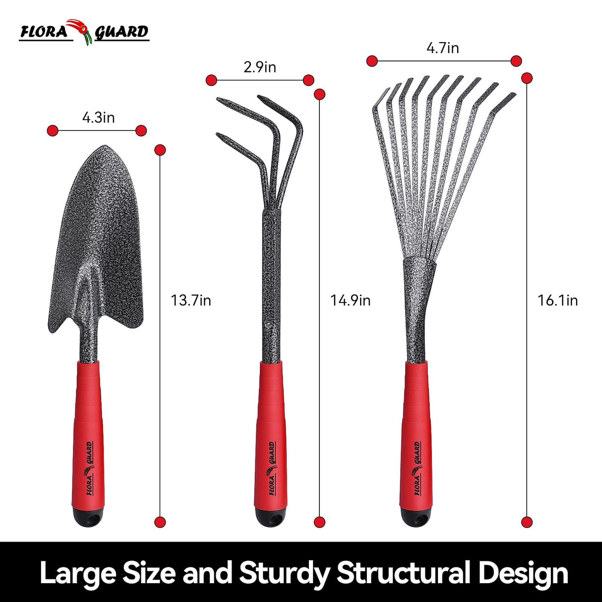 FLORA GUARD 6-Piece Garden Tool Set, Heavy Duty Gardening Hand Tools with Trowel, Rakes, Cultivator, Hoe & Crack Weeder, High Carbon Steel Yard Tools for Weeding, Planting, Digging, Gardening Gifts