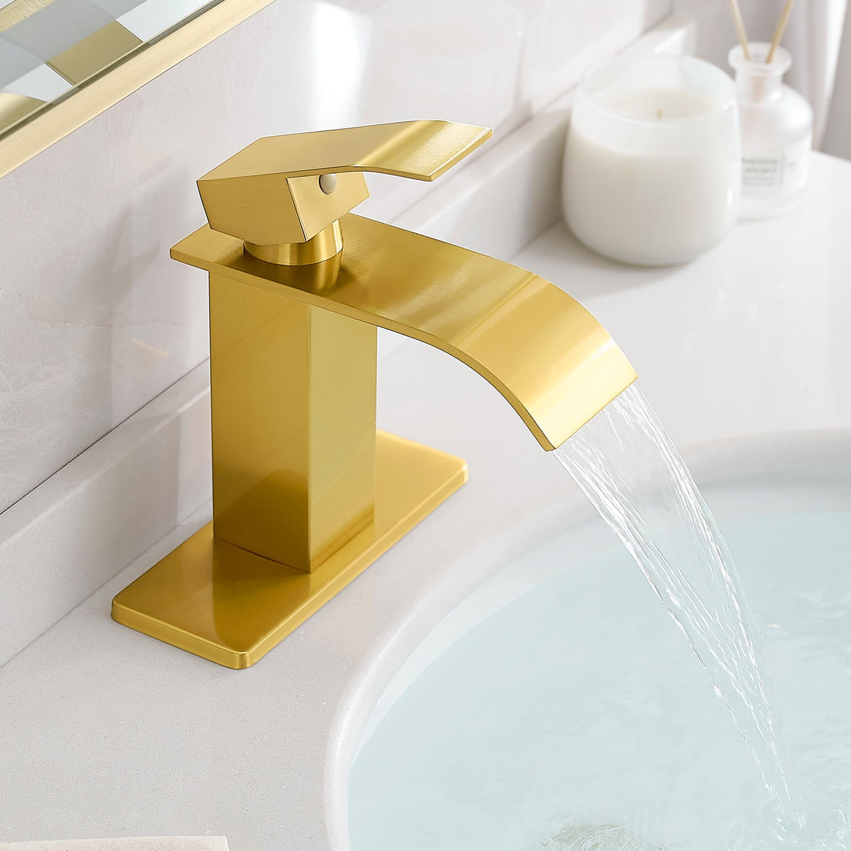 FRANSITON Waterfall Bathroom Faucet Lavatory Single Handle 1 or 3 Hole Bathroom Sink Faucet Washbasin Faucet with Deck and Pop-up Drain (Black & Gold, Short)