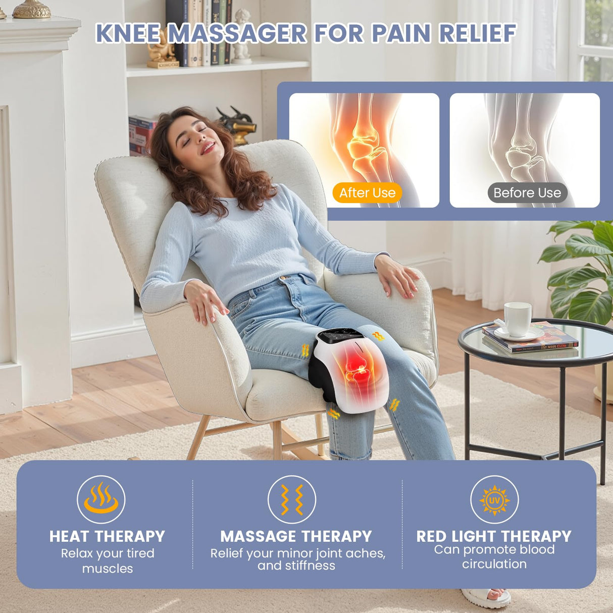 Pokytcox Knee Massager, Large LED Screen, Adjustable Temperature,Cordless Knee Massager with Heat and Vibration, Portable Massager for Knee Discomfort, Longer Knee Straps 48CM